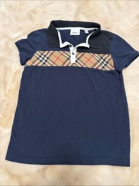 Burberry Navy Polo with Classic Tan Check Chest